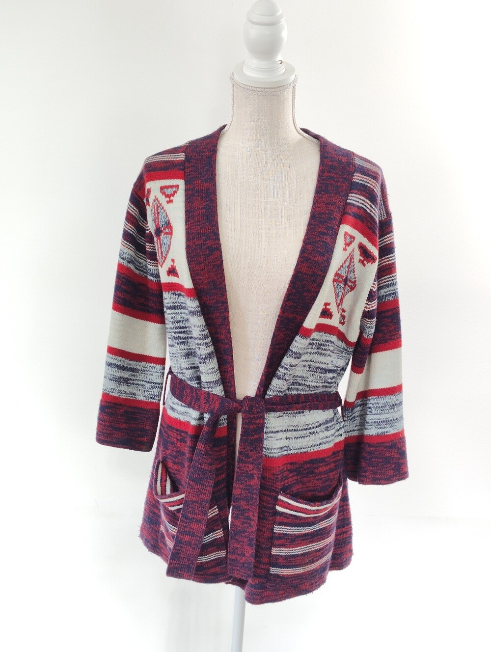 vintage Open-Front Stripe Knit Cardigan M